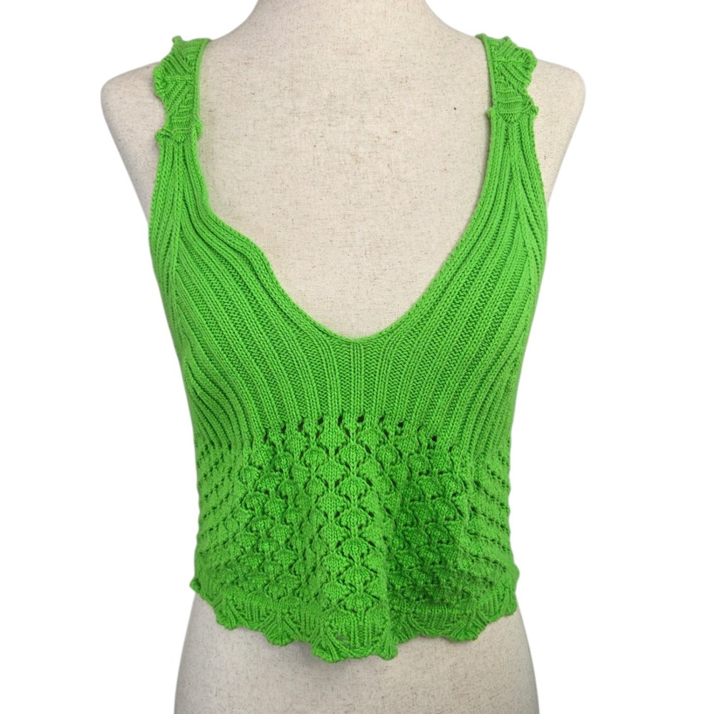 Forever 21‎ Crochet  Knit Lace Up Back Tank Top Green SZ L Boho Festival Indie